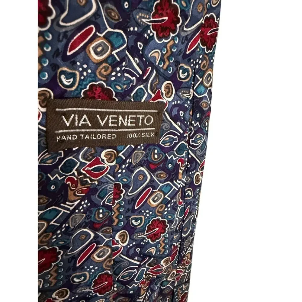 Via Veneto Hand Tailored Silk Tie 90s Abstract Vtg Geometric